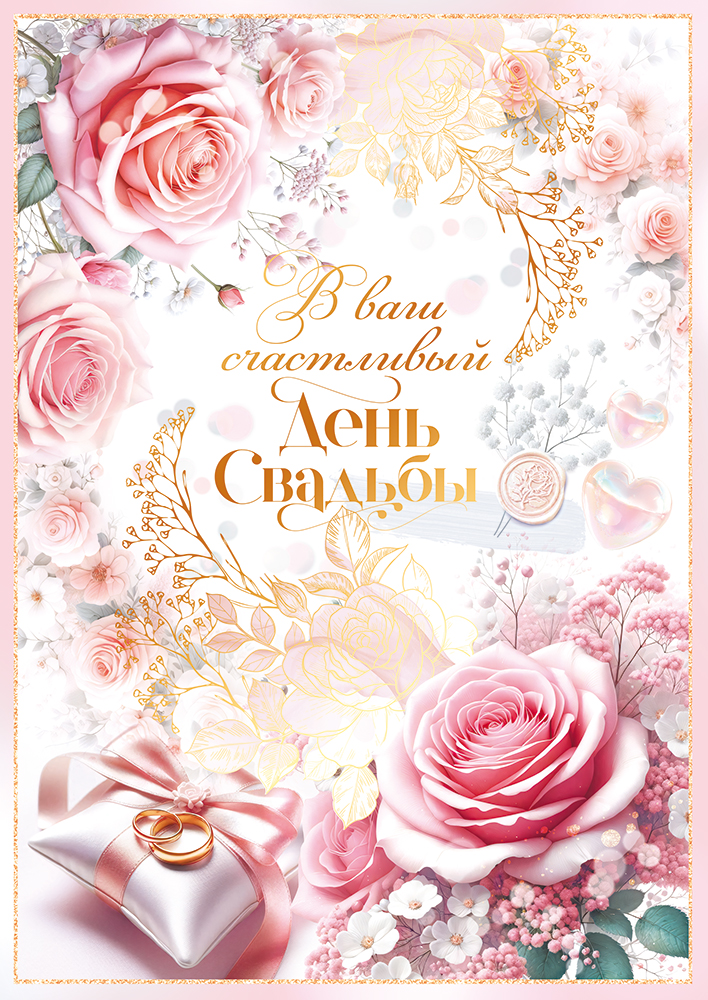 

9.0000936 Открытка с клапаном А4 В ваш счастливый день свадьбы С текстом Фольга